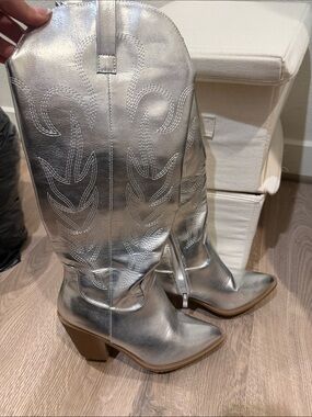 Fashion Nova Metallic Silver Western Heeled Boots